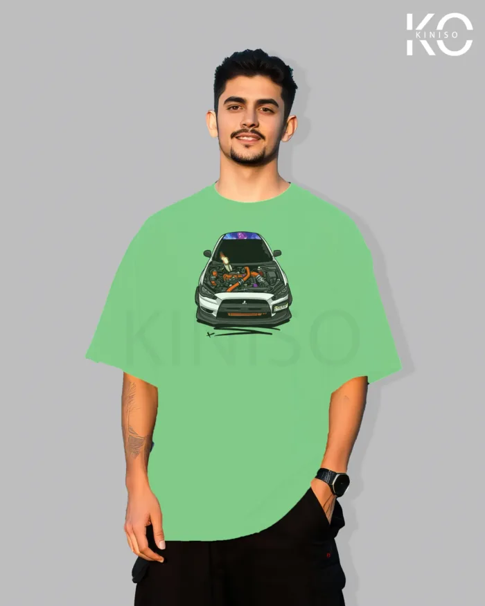 Image of Pastel Mint color drop shoulder t-shirt with Racing Car Hood Open Print for men at reasonable price
